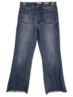 Kensie The Flare Crop Jeans 4/27 High Rise Button Fly Raw Hem Patch Pockets